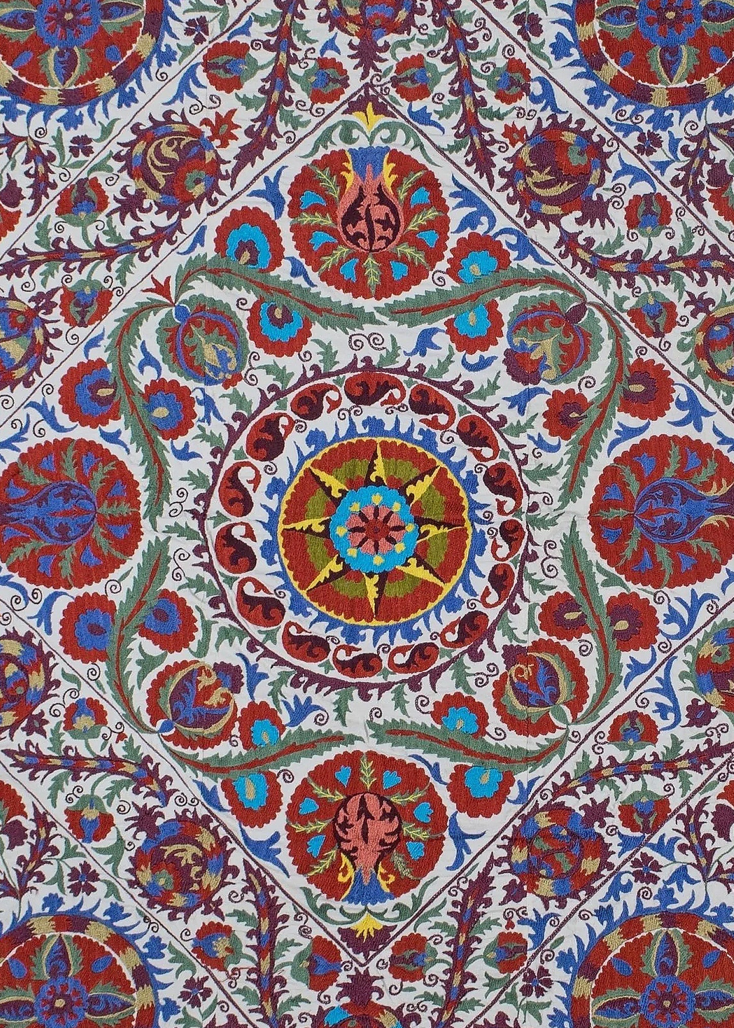 Hand-embroidered Uzbek Suzani textile featuring vibrant floral and celestial motifs on cotton.