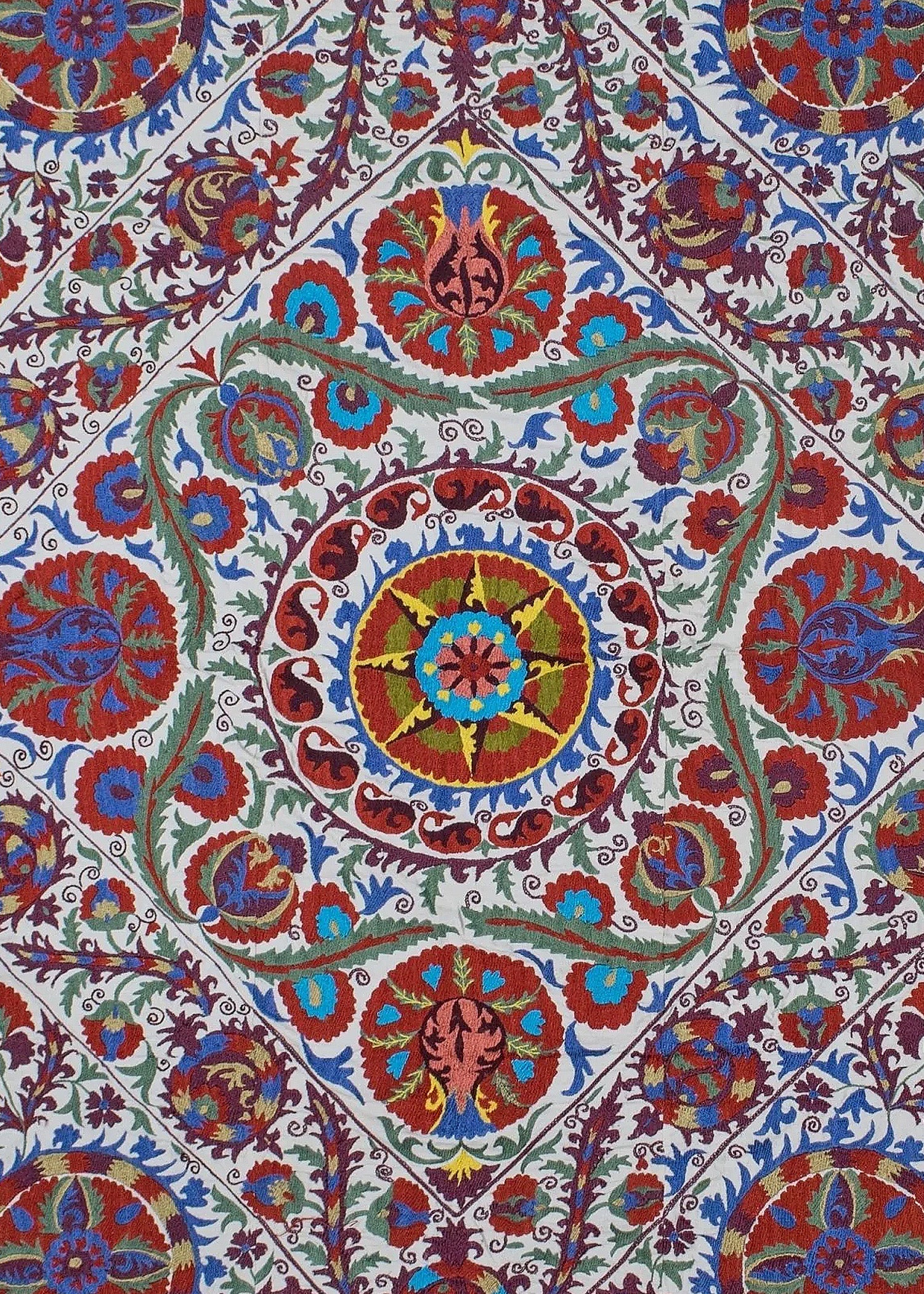 Hand-embroidered Uzbek Suzani textile featuring vibrant floral and celestial motifs on cotton.