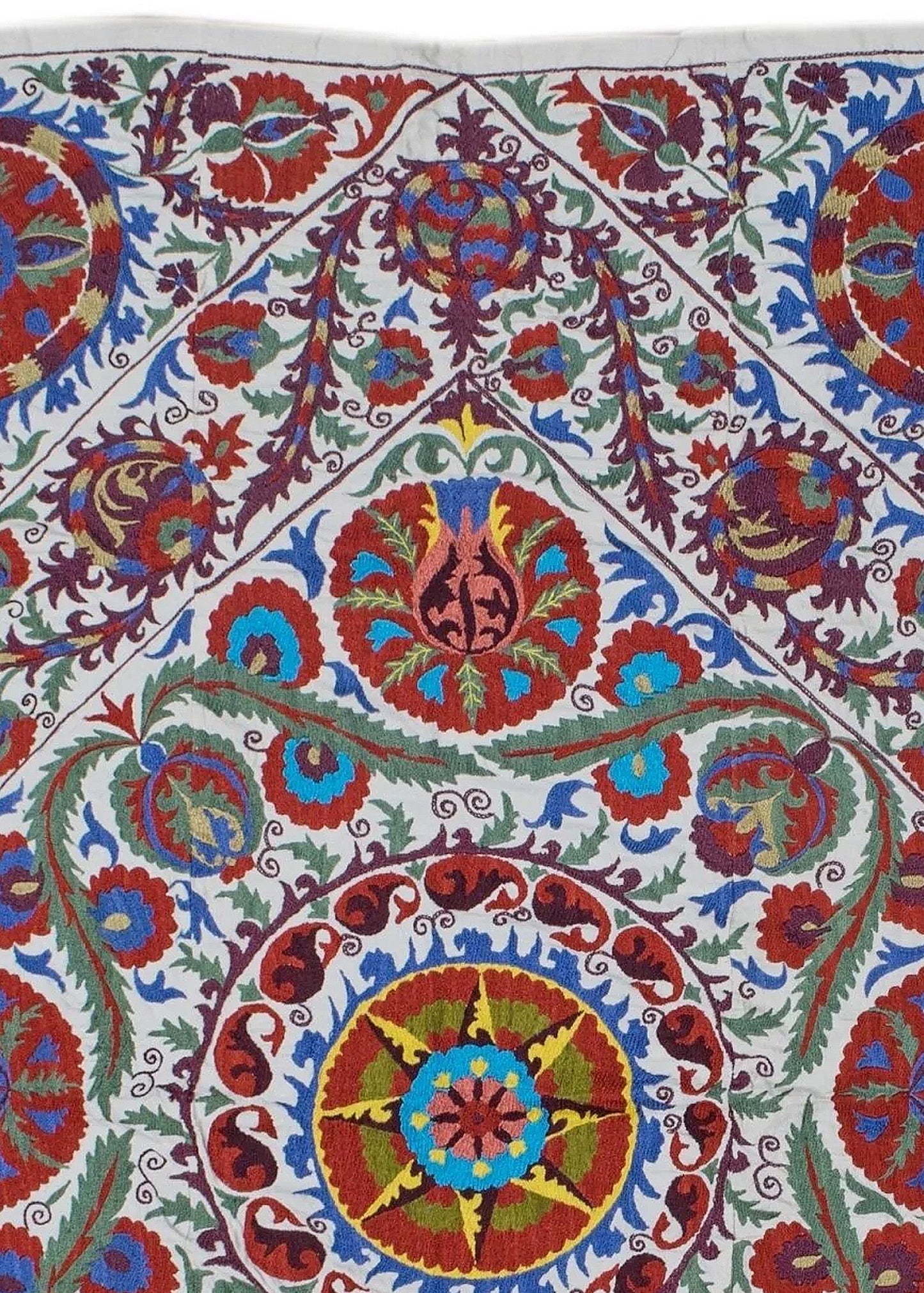 Hand-embroidered Uzbek Suzani textile featuring vibrant floral and celestial motifs on cotton.