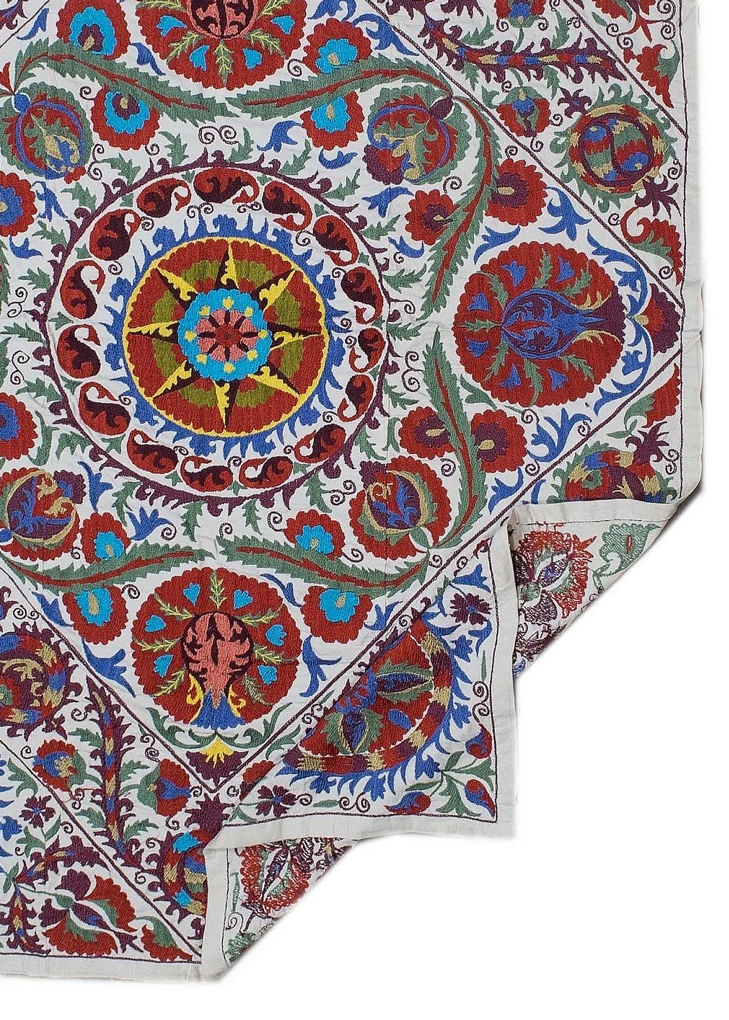 Hand-embroidered Uzbek Suzani textile featuring vibrant floral and celestial motifs on cotton.