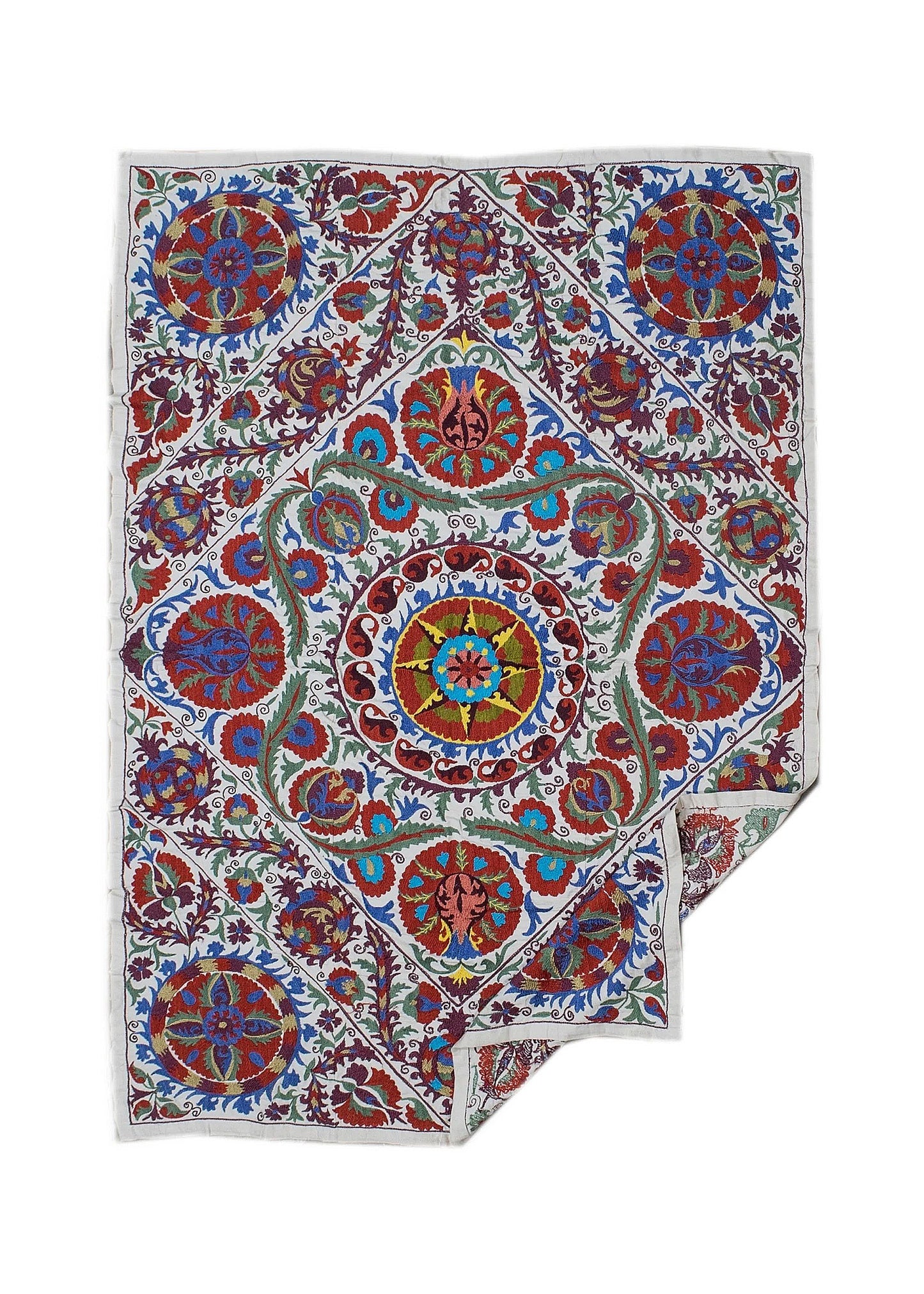 Hand-embroidered Uzbek Suzani textile featuring vibrant floral and geometric motifs on cotton.