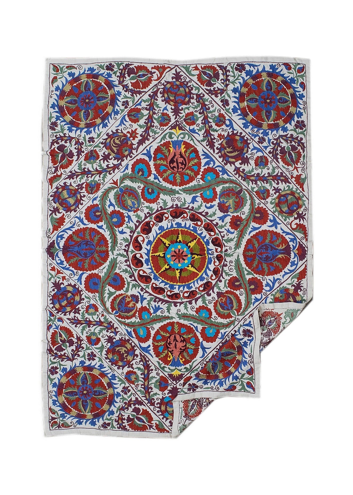 Hand-embroidered Uzbek Suzani textile featuring vibrant floral and geometric motifs on cotton.