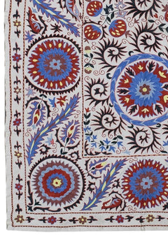 Hand-embroidered Uzbek Suzani textile featuring vibrant floral and circular motifs on cotton.