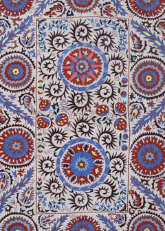 Hand-embroidered Uzbek Suzani textile featuring intricate floral and circular motifs in silk.