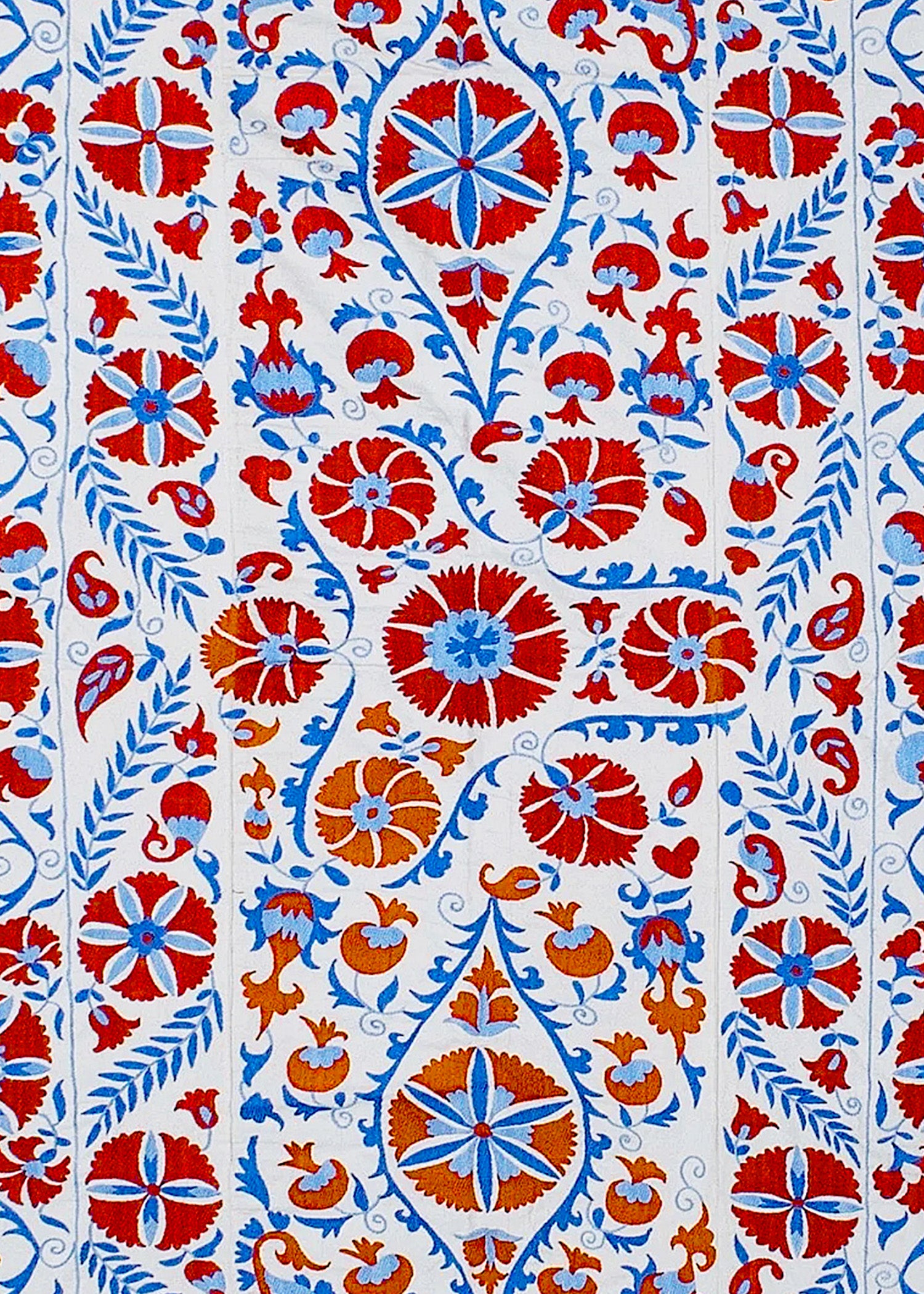 Hand-embroidered Uzbek Suzani textile featuring vibrant floral and botanical motifs on cotton.