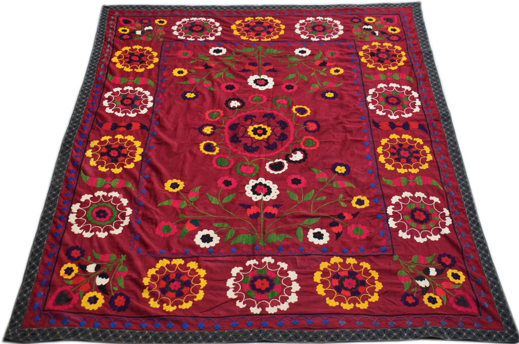 Hand Embroidered Vintage Silk Uzbek Suzani Runner | 190 x 149 cm | 6'3" x 4'11" - Najaf Rugs & Textile