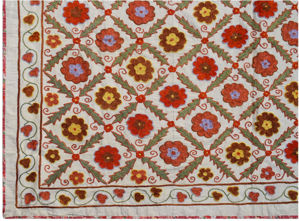 Hand Embroidered Vintage Silk Uzbek Suzani Runner | 191 x 135 cm | 6'3" x 4'5" - Najaf Rugs & Textile