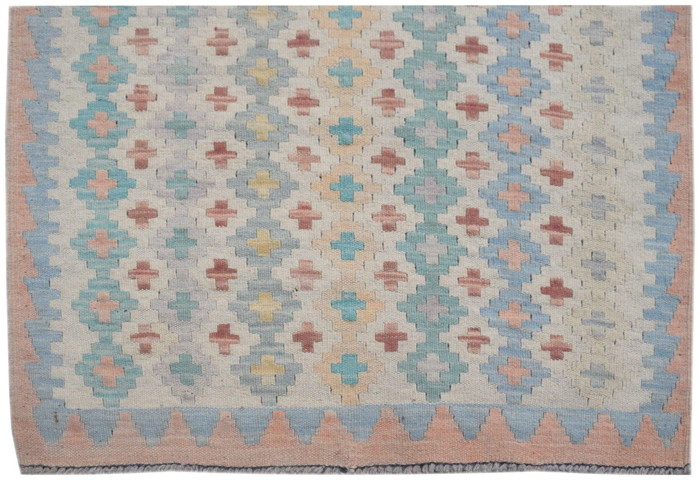 Handmade Afghan Maimana kilim runner featuring a geometric pattern in soft pastel colors.