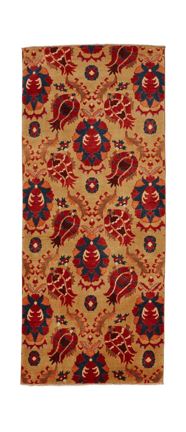 Handmade Afghan Chobi runner rug featuring a repeating floral motif in red and blue on a tan field.