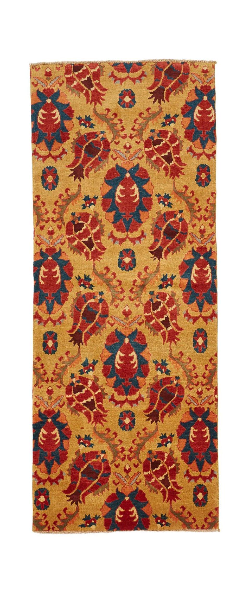 Handmade Afghan Chobi runner rug featuring a repeating floral motif in red, blue, and gold tones.