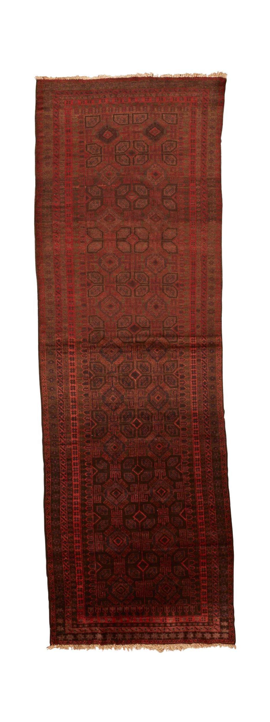 A vintage Afghan Baluch runner featuring a repeating geometric pattern in deep red and brown tones.