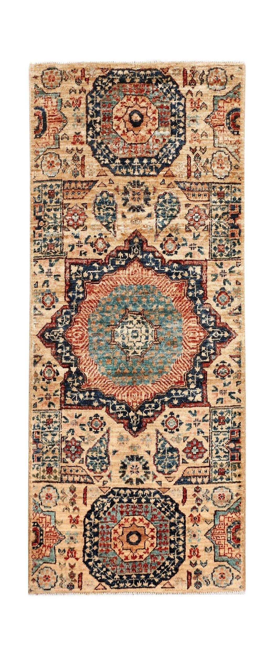 A handmade Afghan Chobi runner rug featuring a traditional Mamluk medallion design in blue and red.