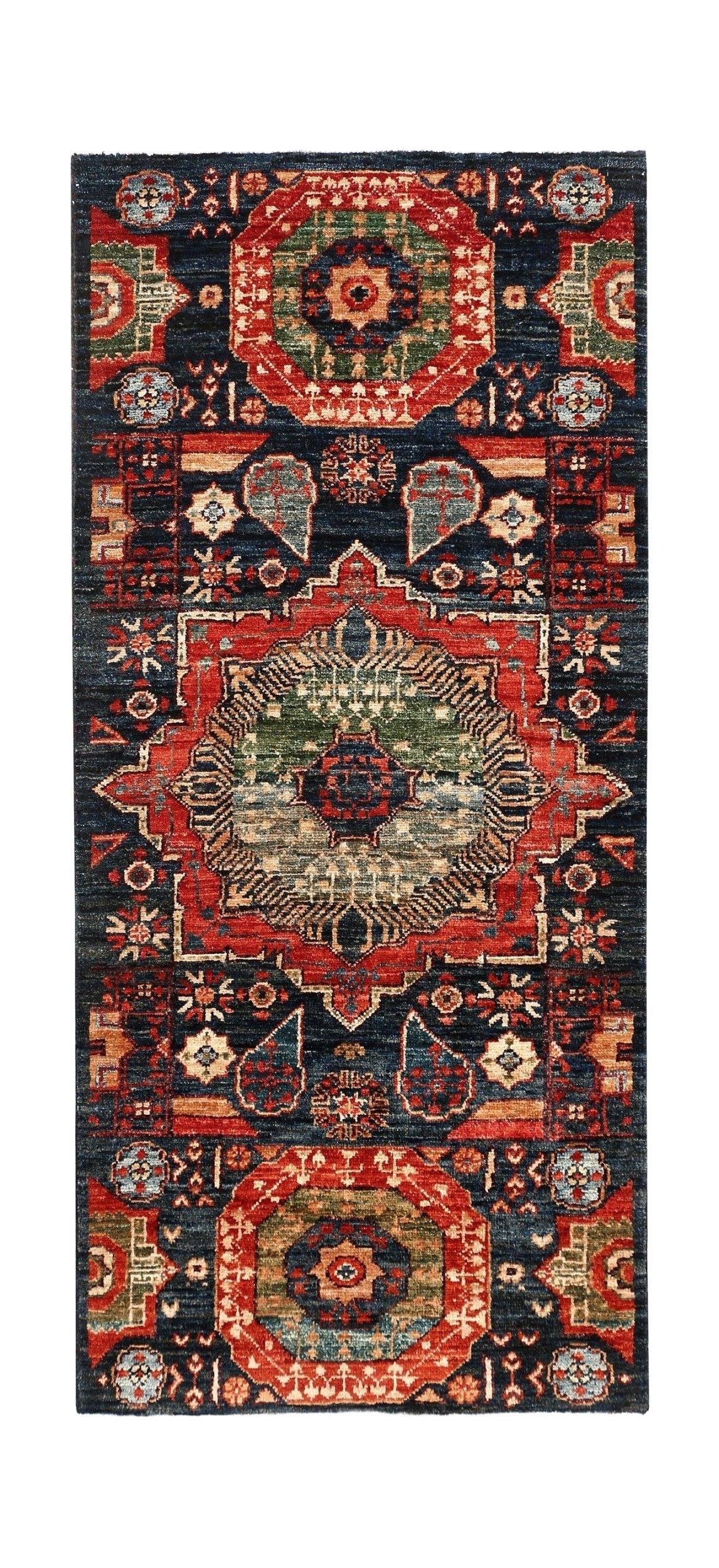 Handmade Afghan Chobi runner rug featuring a traditional Mamluk medallion design in deep colors.