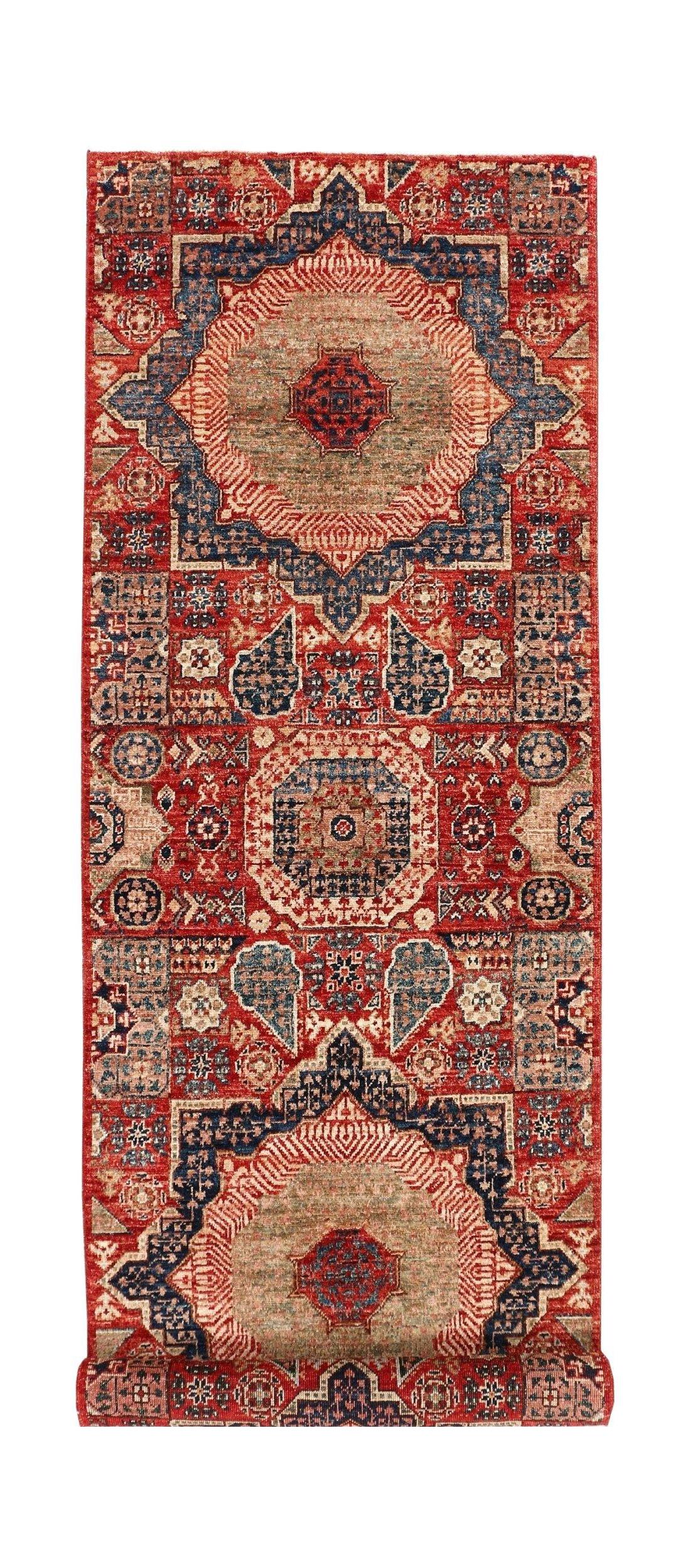 Handmade Afghan Chobi runner rug featuring a traditional Mamluk medallion design in red and blue.
