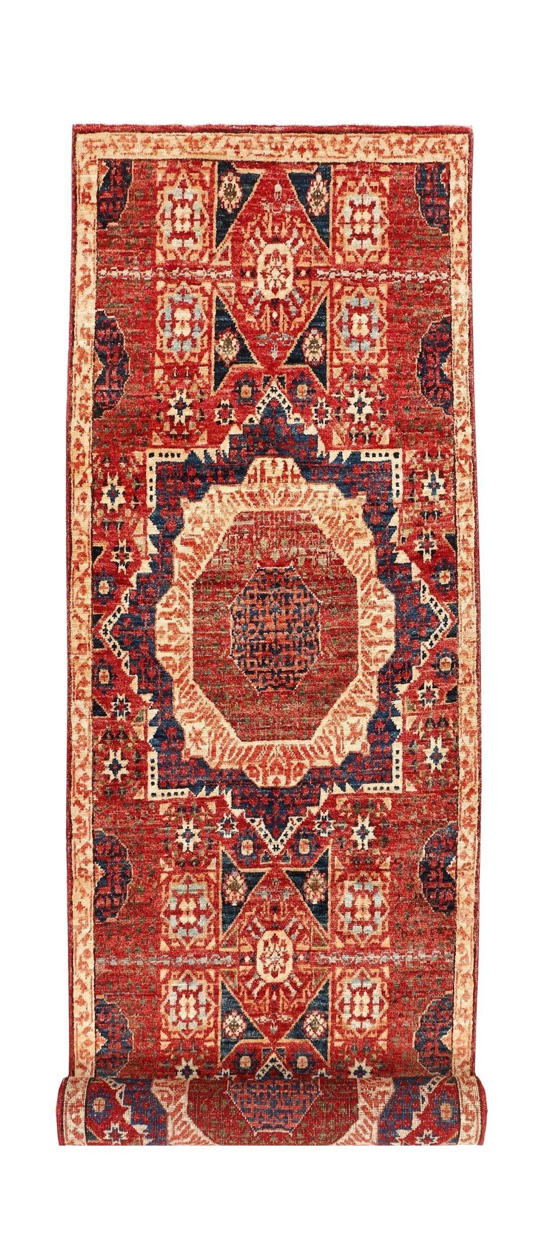 Handmade Afghan Chobi runner rug featuring a traditional Mamluk medallion design in red and blue.