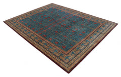 A rectangular Afghan Balkh rug featuring a blue field with red pomegranate motifs and ornate borders.