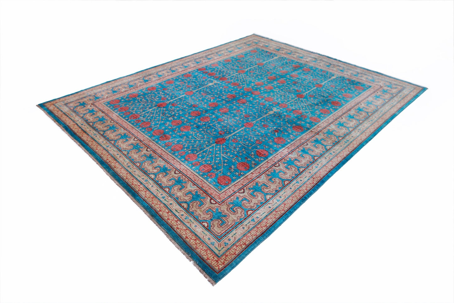 A rectangular Afghan Balkh rug featuring a blue field with red floral motifs and ornate borders.
