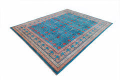 A rectangular Afghan Balkh rug featuring a blue field with red floral motifs and ornate borders.
