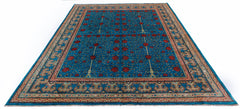 Handwoven Afghan Balkh rug featuring a blue field with red floral tree motifs and ornate borders.