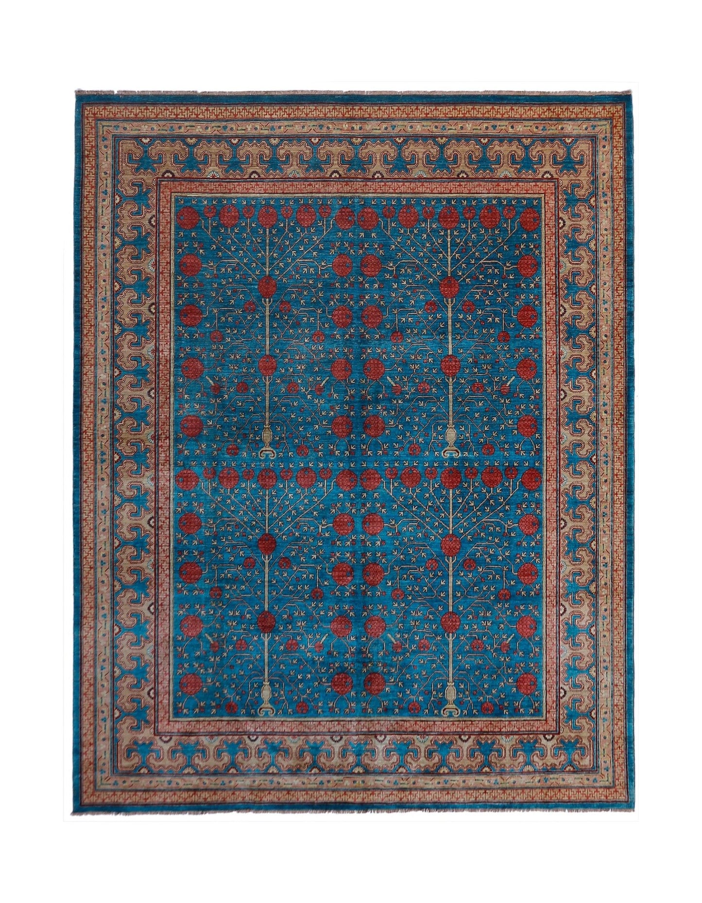 A handwoven Afghan Balkh rug featuring a blue field with a repeating red pomegranate tree pattern.