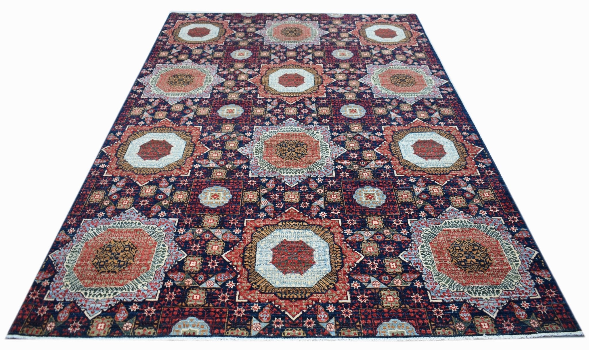 Handwoven Afghan Balkh rug featuring a traditional Mamluk medallion pattern in wool.