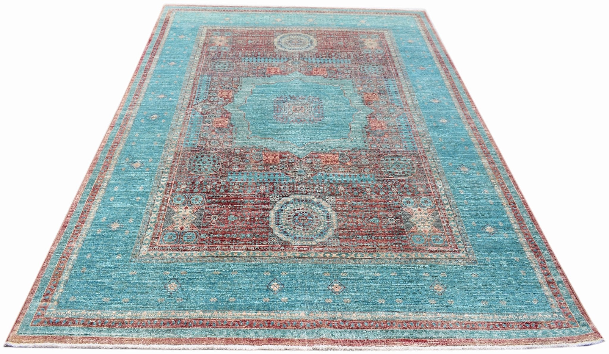Handwoven Afghan Balkh rug featuring a traditional Mamluk medallion pattern in teal and red.