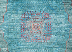 A handmade Afghan Balkh rug featuring a detailed Mamluk medallion pattern in blue and red tones.