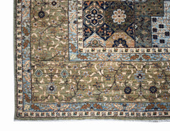 Handwoven Afghan Balkh rug featuring a traditional Mamluk pattern in olive green and blue tones.