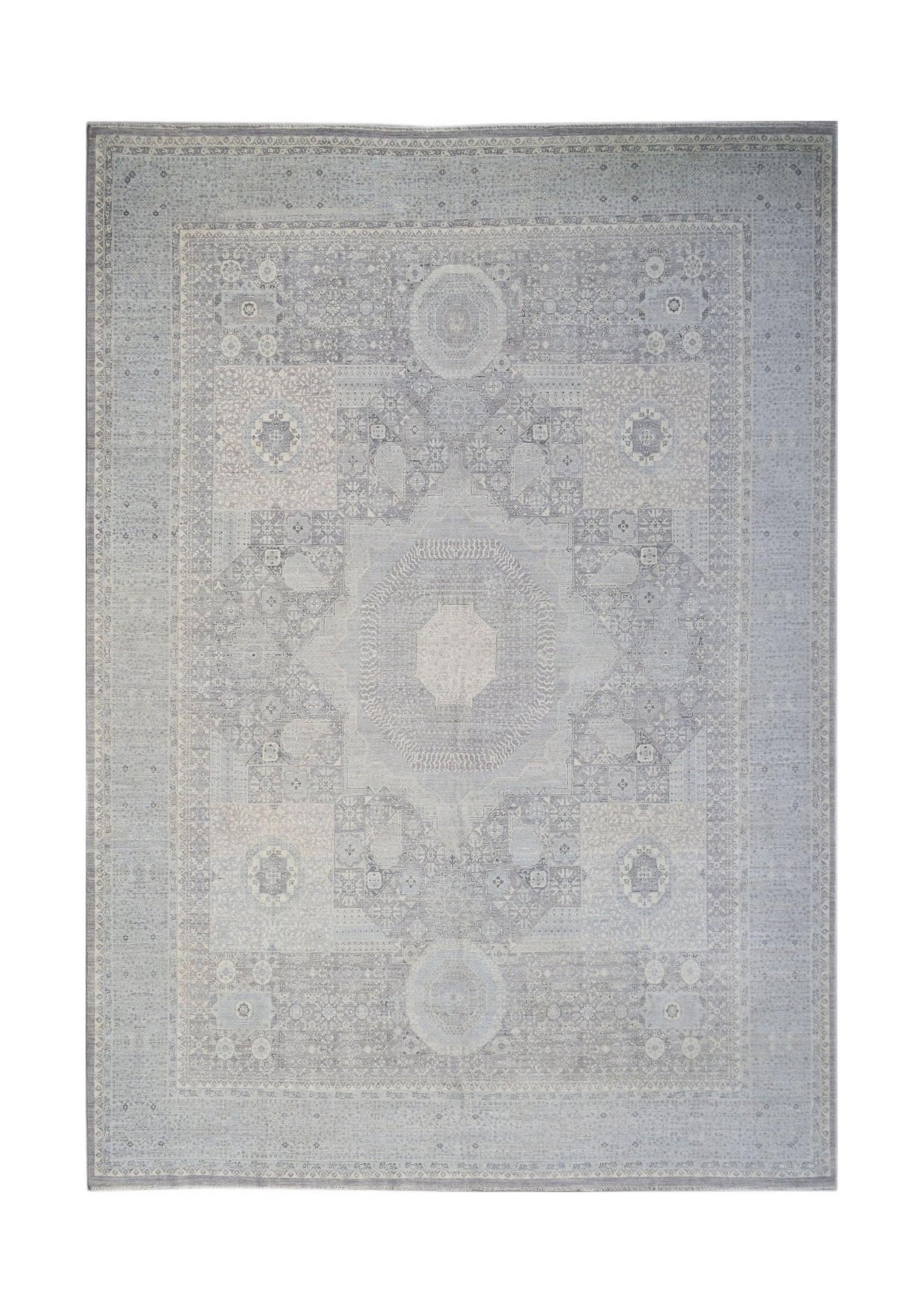 A handwoven Afghan Balkh rug featuring a detailed Mamluk medallion pattern in shades of grey.