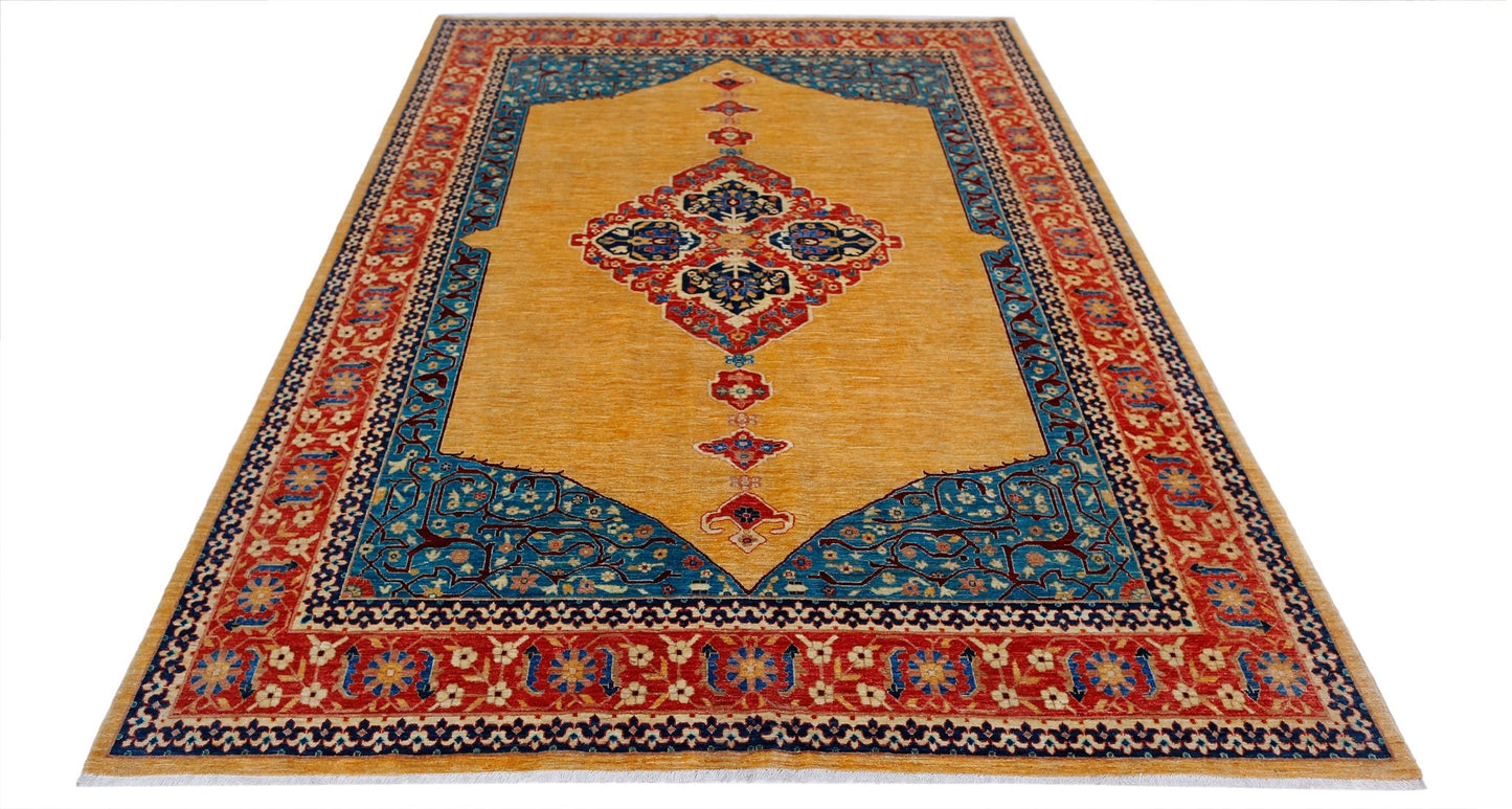 Handwoven Afghan Balkh rug featuring a central medallion on a golden field with blue borders.