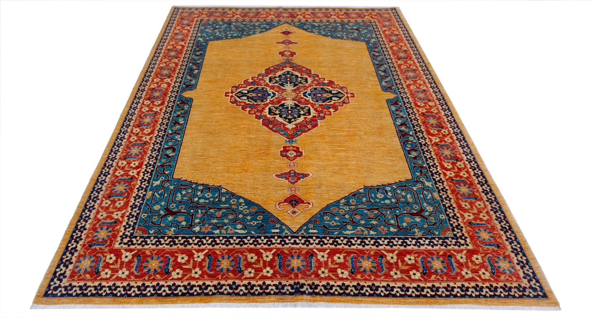 Handwoven Afghan Balkh rug featuring a central medallion on a golden field with blue borders.