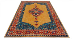 Handwoven Afghan Balkh rug featuring a central medallion on a golden field with blue borders.