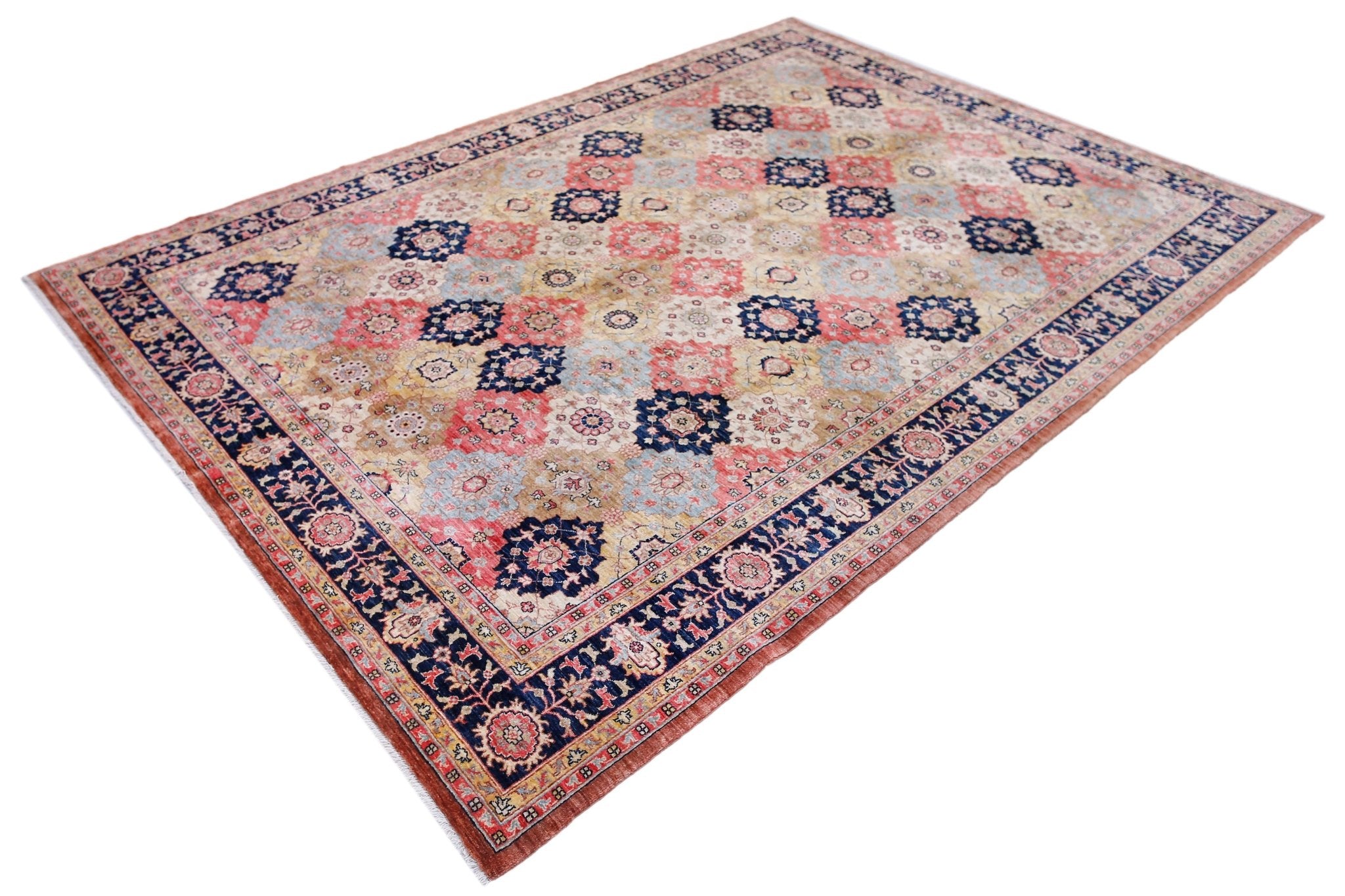 An Afghan Balkh rug featuring a traditional geometric pattern in shades of blue, pink, and tan.