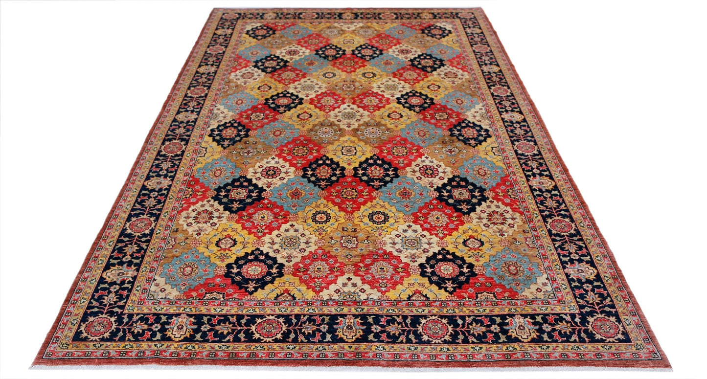 A rectangular Afghan Balkh rug featuring a colorful geometric pattern of floral medallions.