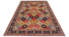 A rectangular Afghan Balkh rug featuring a colorful geometric pattern of floral medallions.