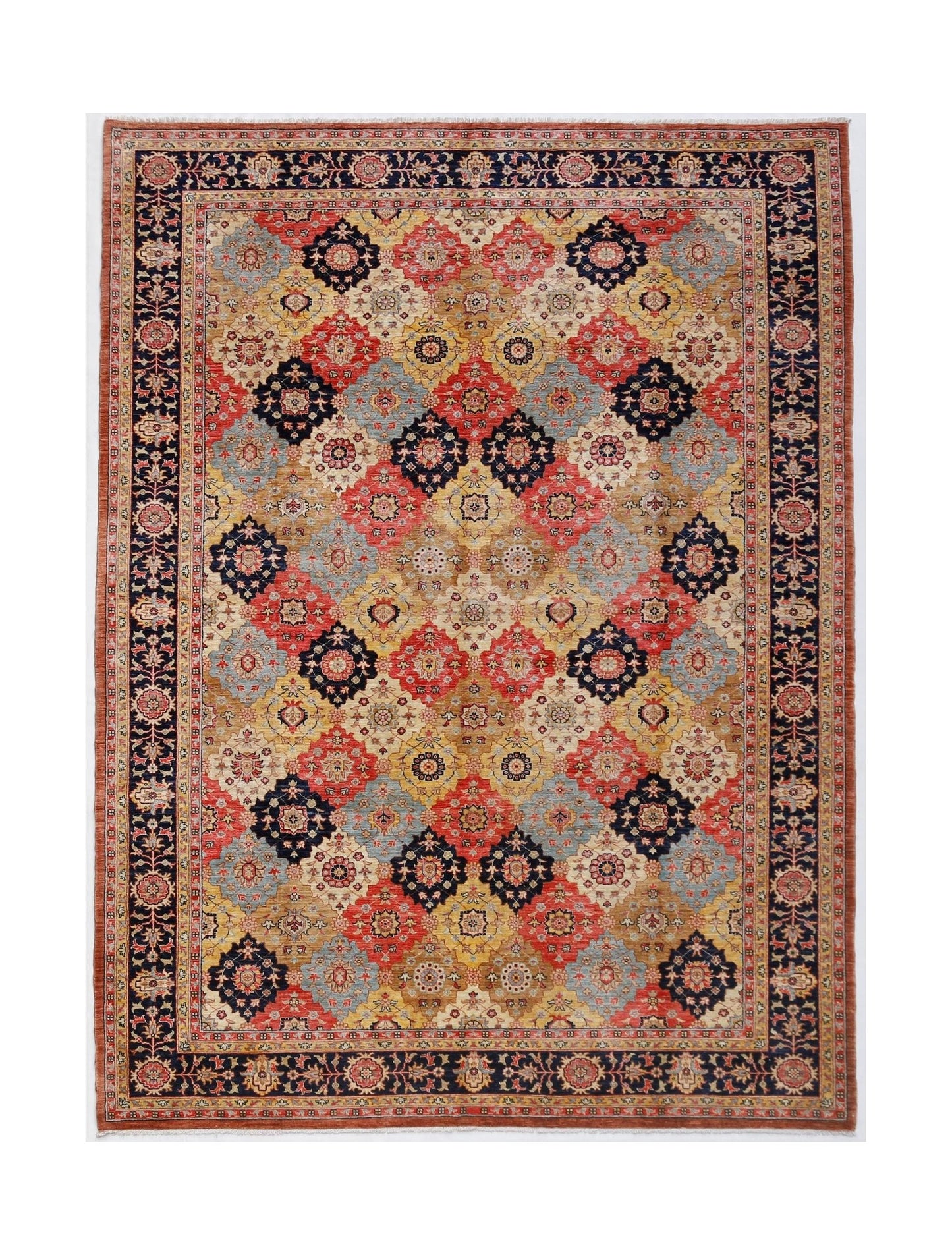 Handwoven Afghan Balkh rug featuring a geometric floral pattern in red, blue, and gold tones.