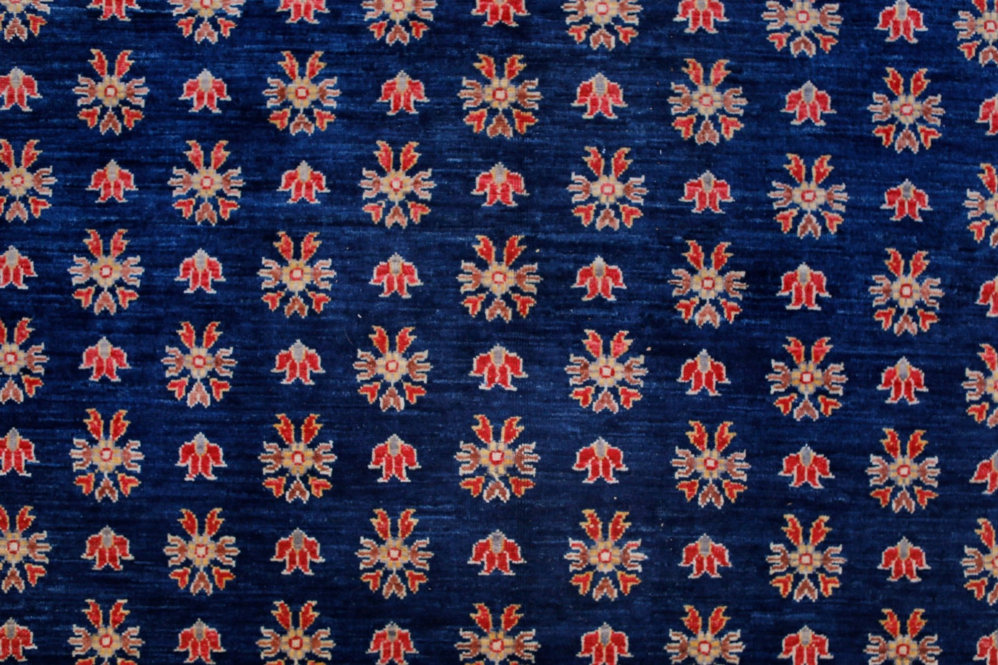 An Afghan Balkh rug featuring a repeating floral pattern in red and cream on a deep blue background.