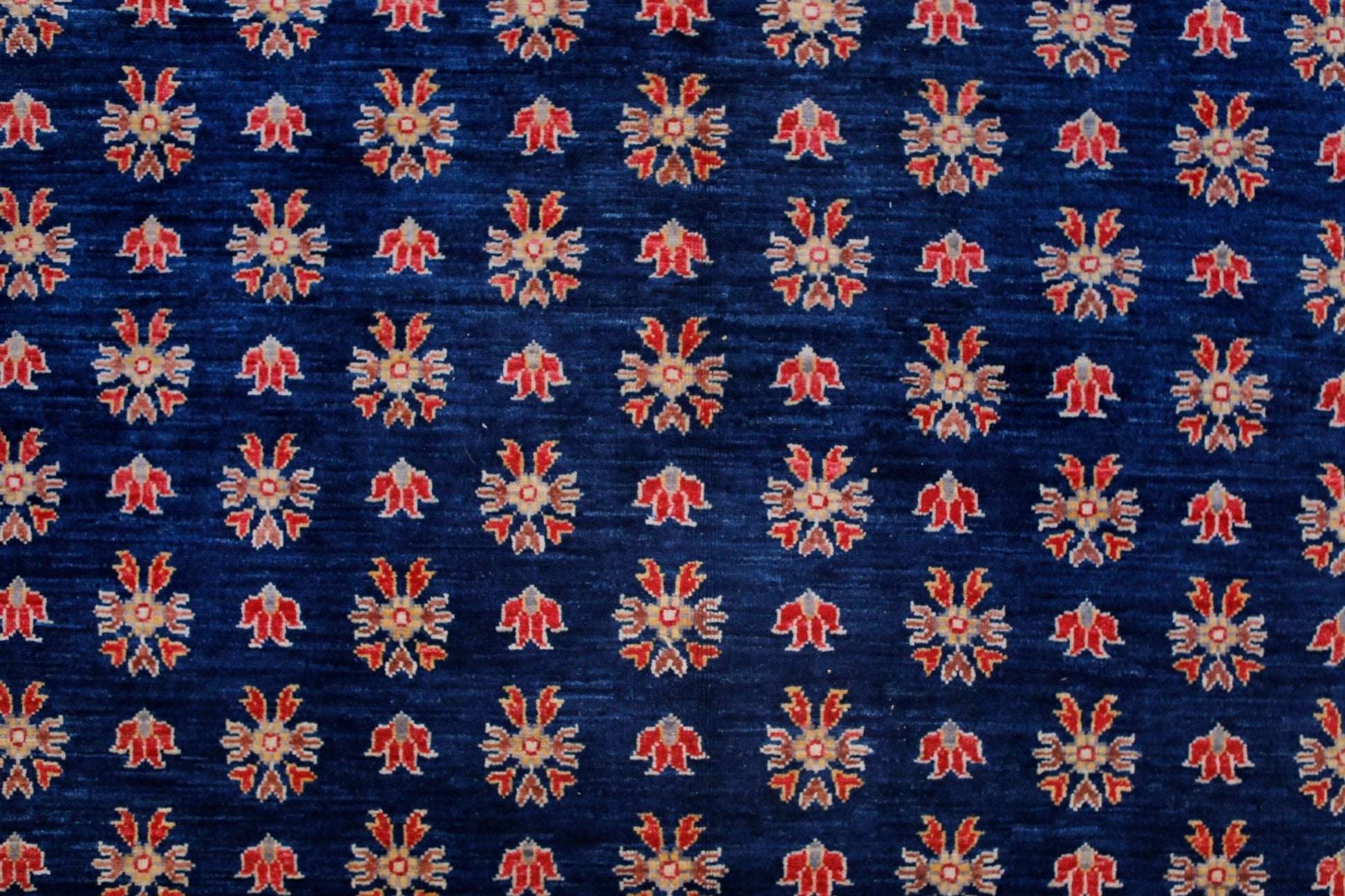 An Afghan Balkh rug featuring a repeating floral pattern in red and cream on a deep blue background.