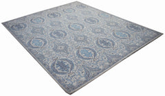 Hand-knotted Afghan Balkh rug featuring a detailed blue and cream floral pattern with a fine, dense wool pile.