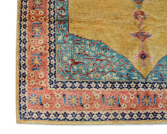 An Afghan Balkh rug featuring a golden yellow field with intricate blue and red floral patterns.
