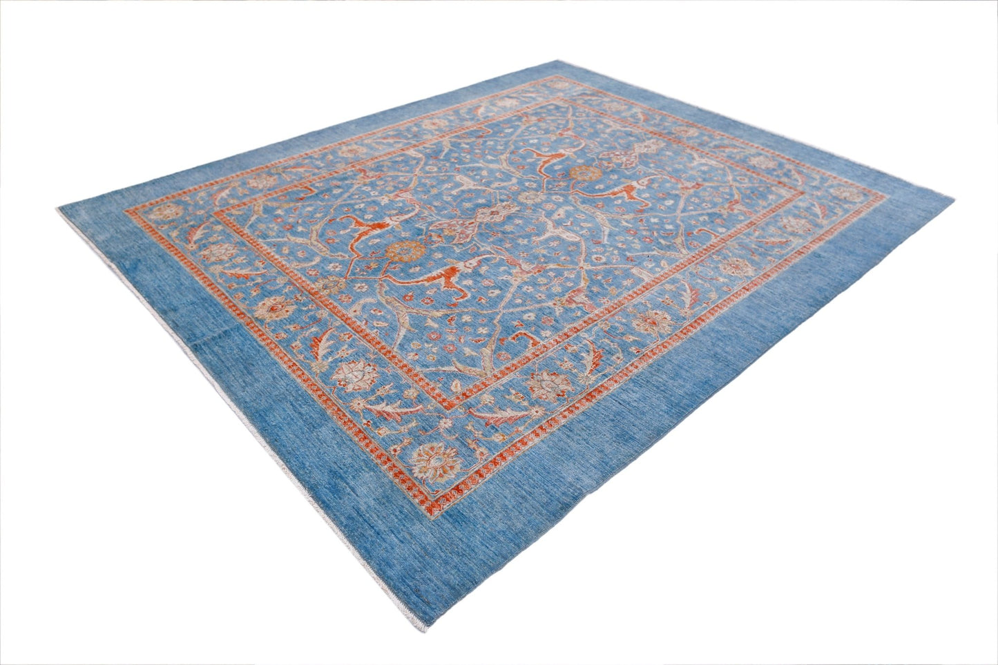 A rectangular Afghan Balkh rug featuring a traditional floral pattern in blue, orange, and cream.