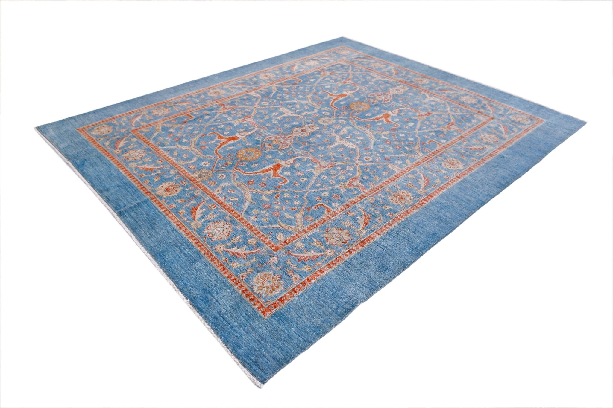 A rectangular Afghan Balkh rug featuring a traditional floral pattern in blue, orange, and cream.