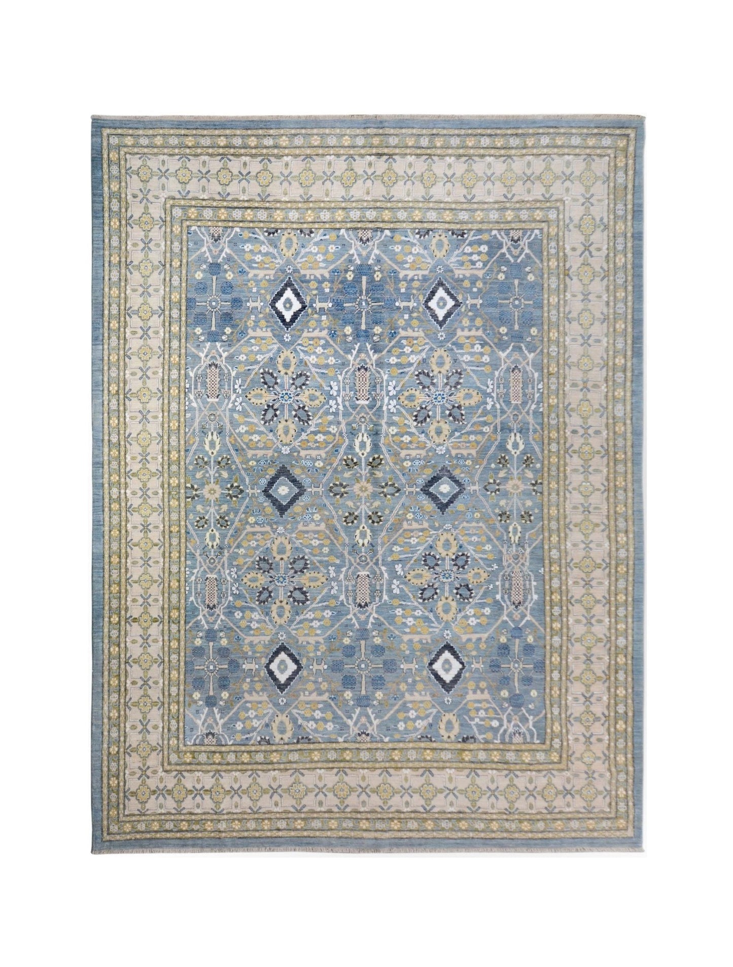 A handmade Afghan Balkh rug featuring a blue field with intricate floral and geometric patterns.