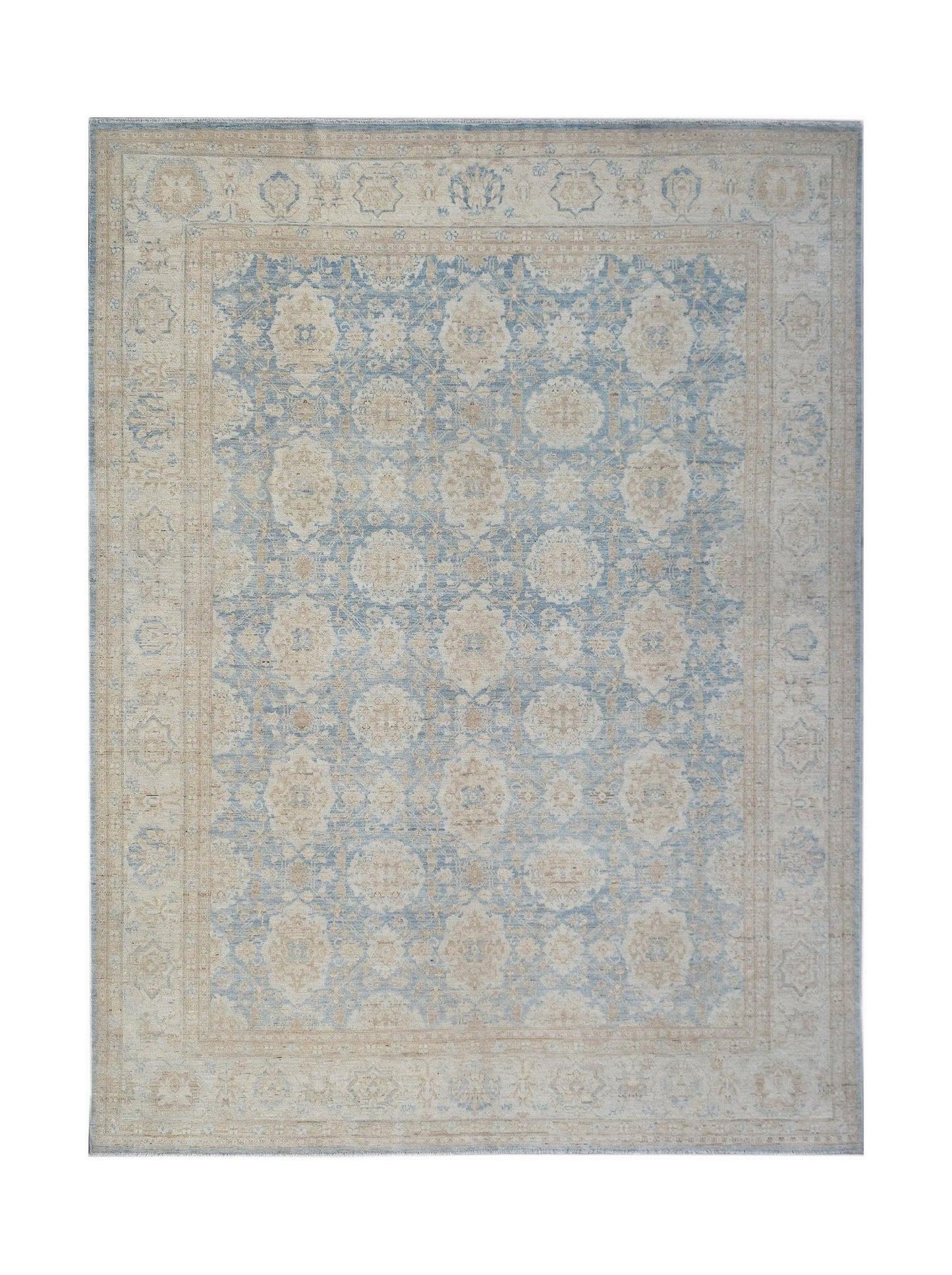 A rectangular Afghan Balkh rug featuring a traditional floral pattern in soft blue and beige tones.