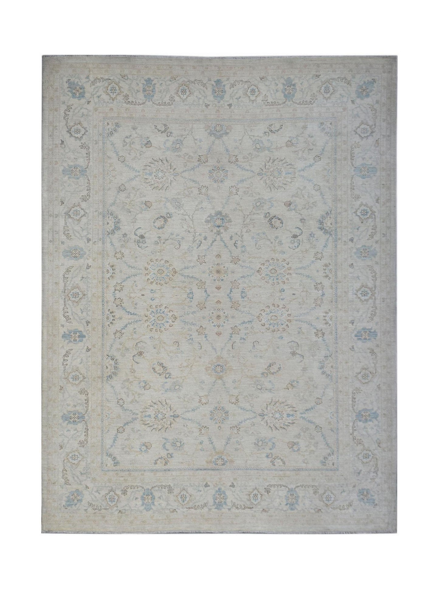 An Afghan Balkh rug featuring a traditional floral pattern in soft blue and beige tones.
