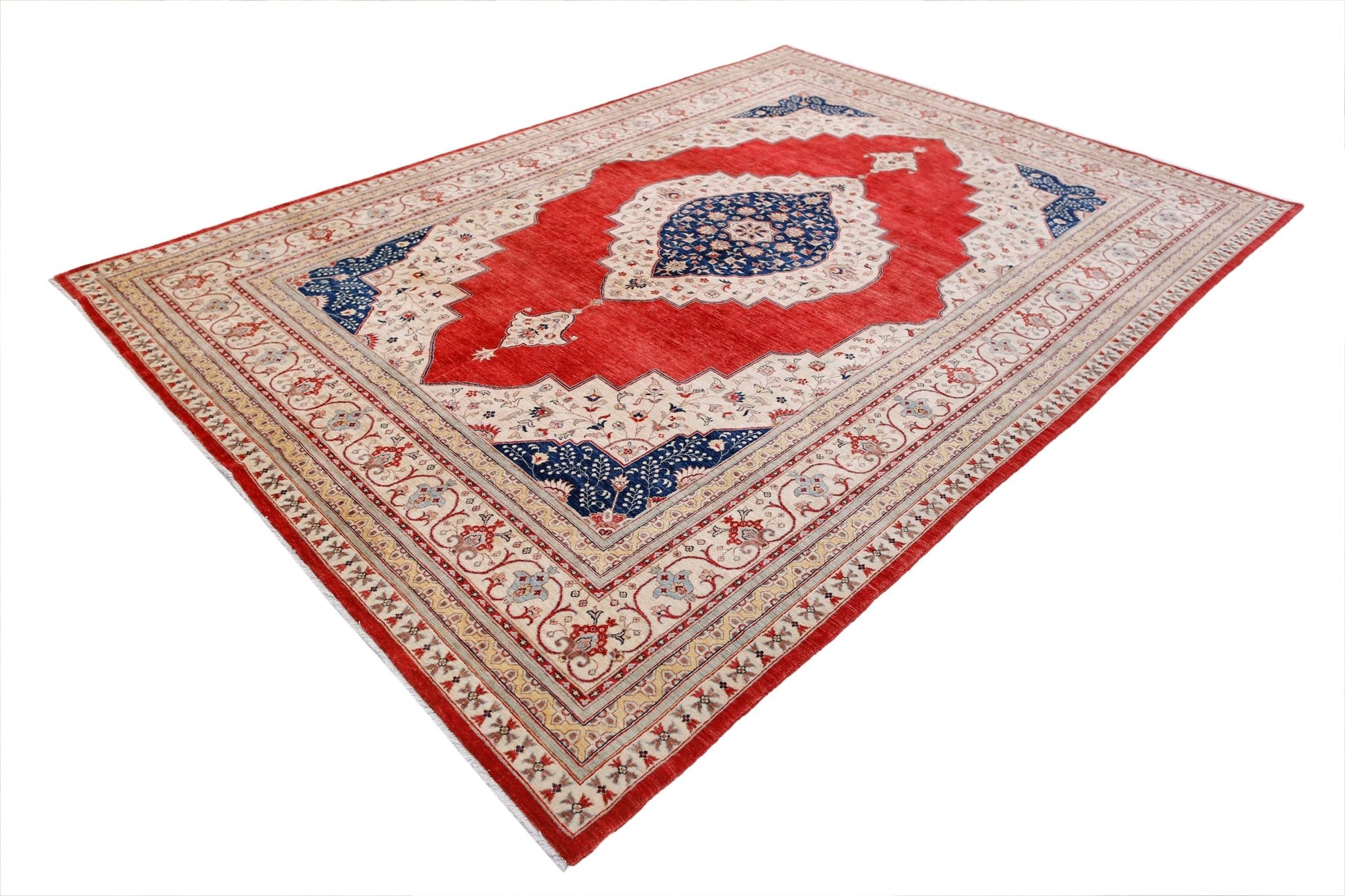 A rectangular Afghan Balkh rug featuring a central blue medallion on a red field with floral motifs.