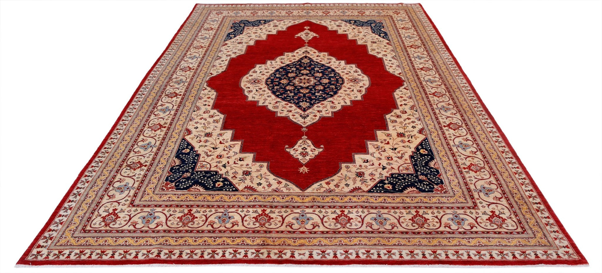 Handwoven Afghan Balkh rug featuring a central navy medallion on a red field with floral borders.