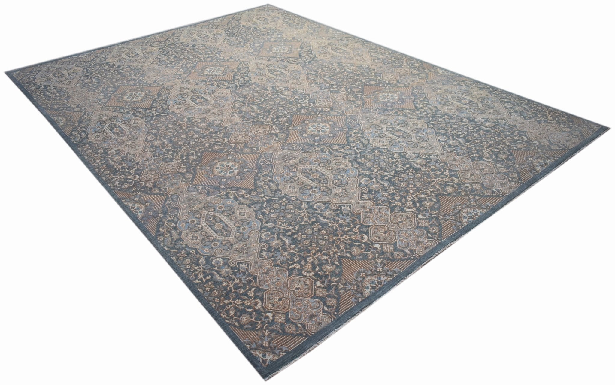A rectangular Afghan Balkh rug featuring a traditional blue and beige geometric floral pattern.