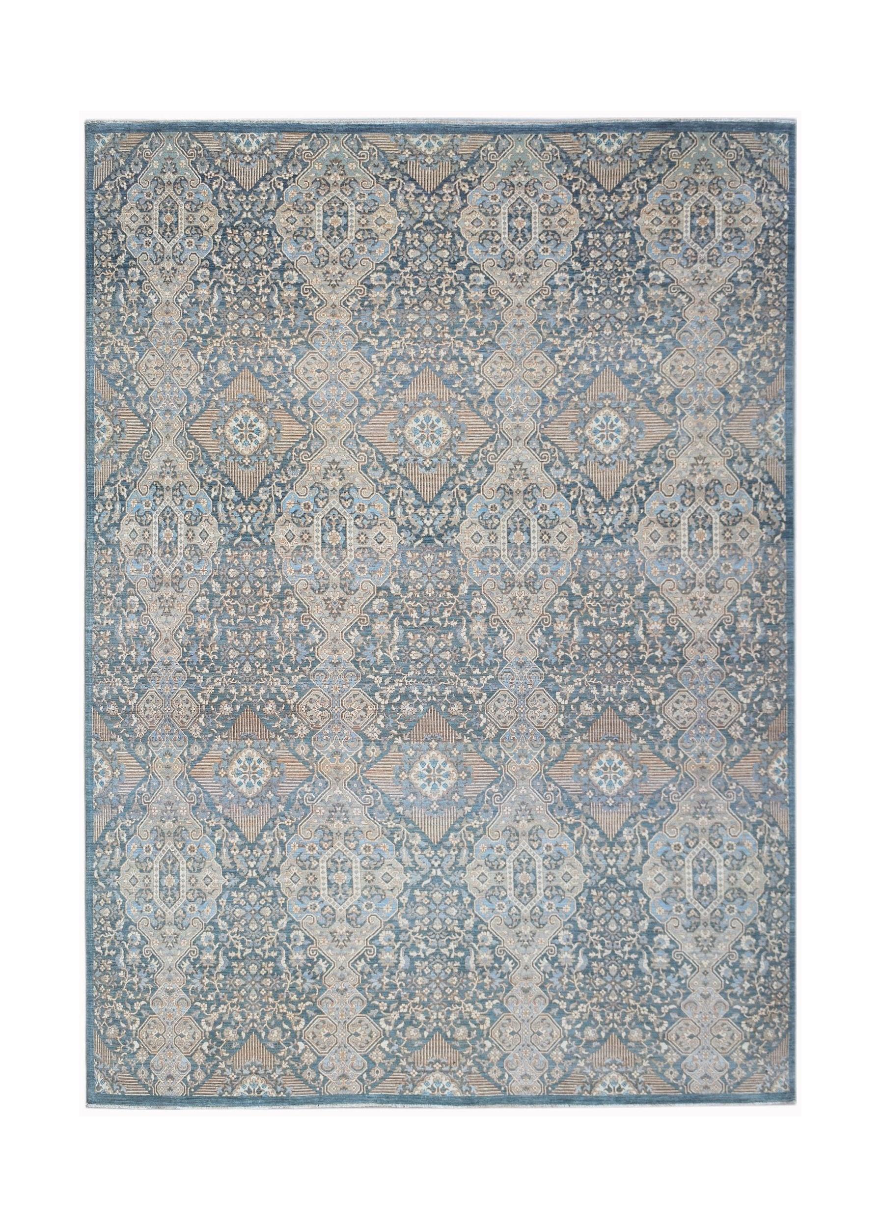 An Afghan Balkh rug featuring a traditional blue and beige geometric floral pattern.