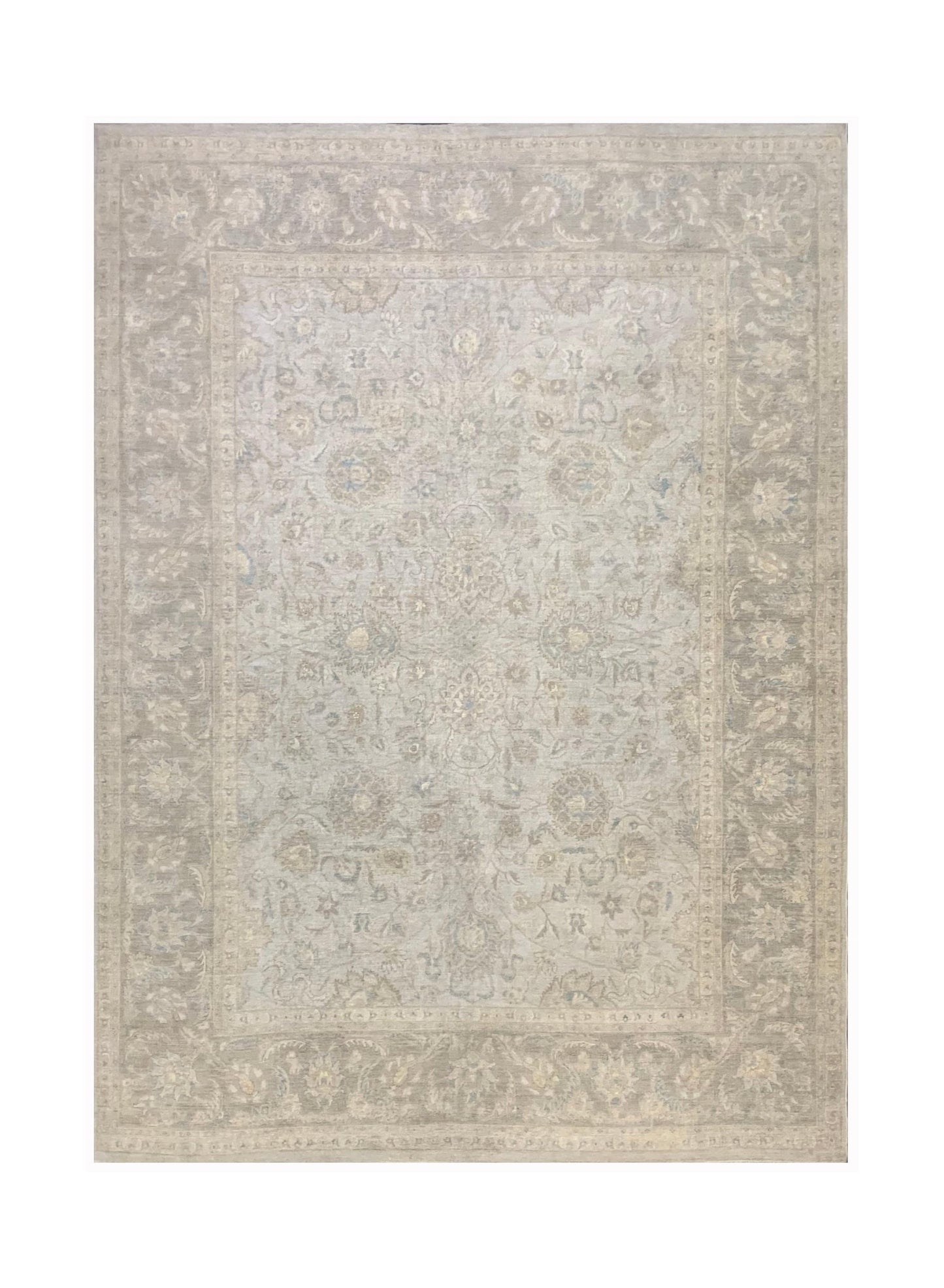 Handmade Afghan Balkh rug featuring a traditional floral pattern in muted beige and grey tones.